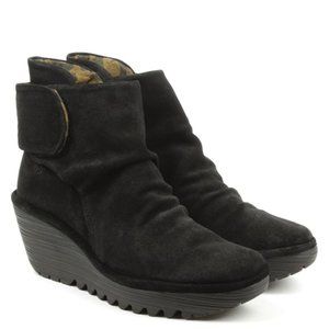 Fly London Shoes Yegi Black Wedge Suede Bootie 9 9.5 Euro 40